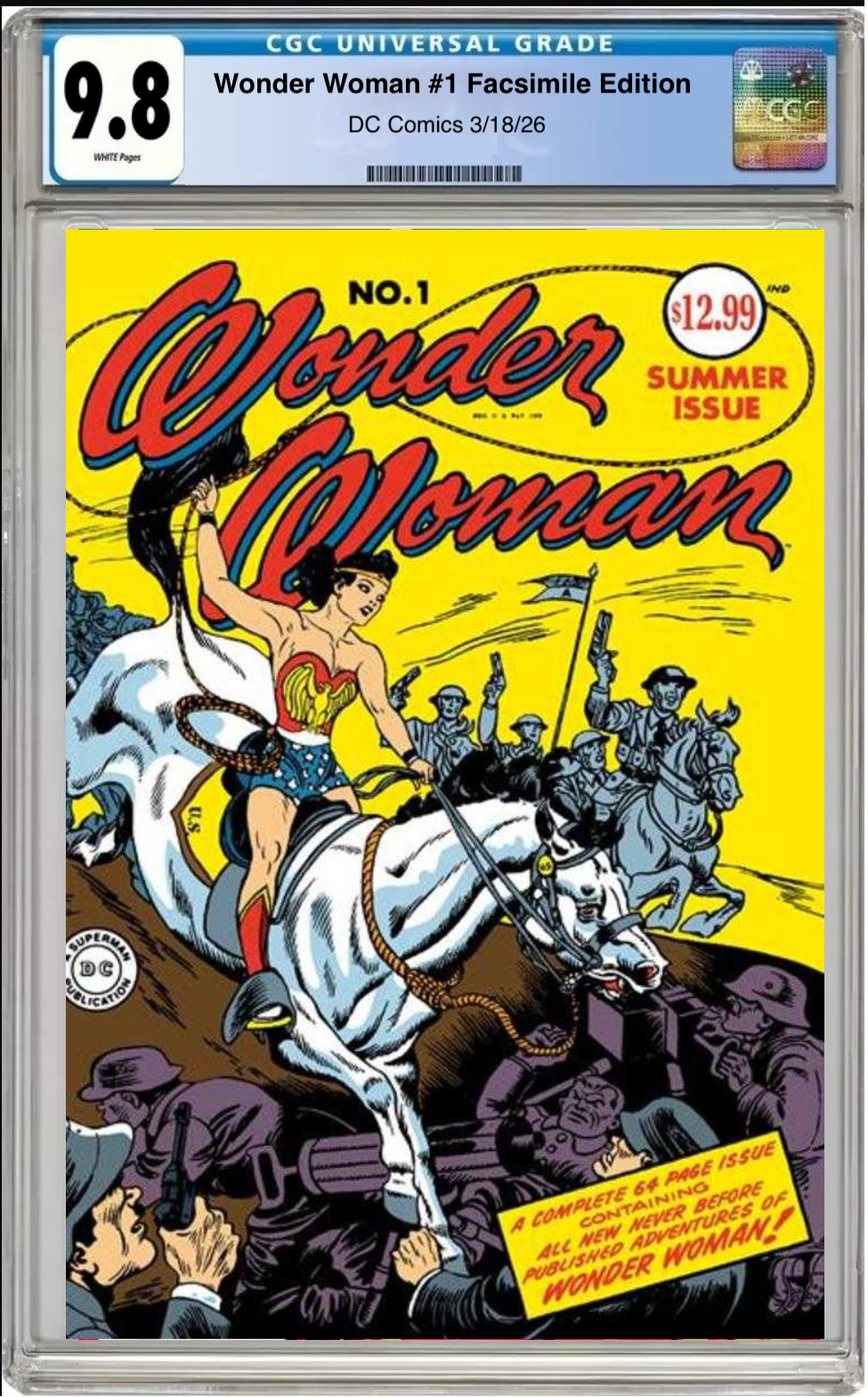 Comic book cover of Wonder Woman #1 Facsimile Foil Cover with CGC grading label.