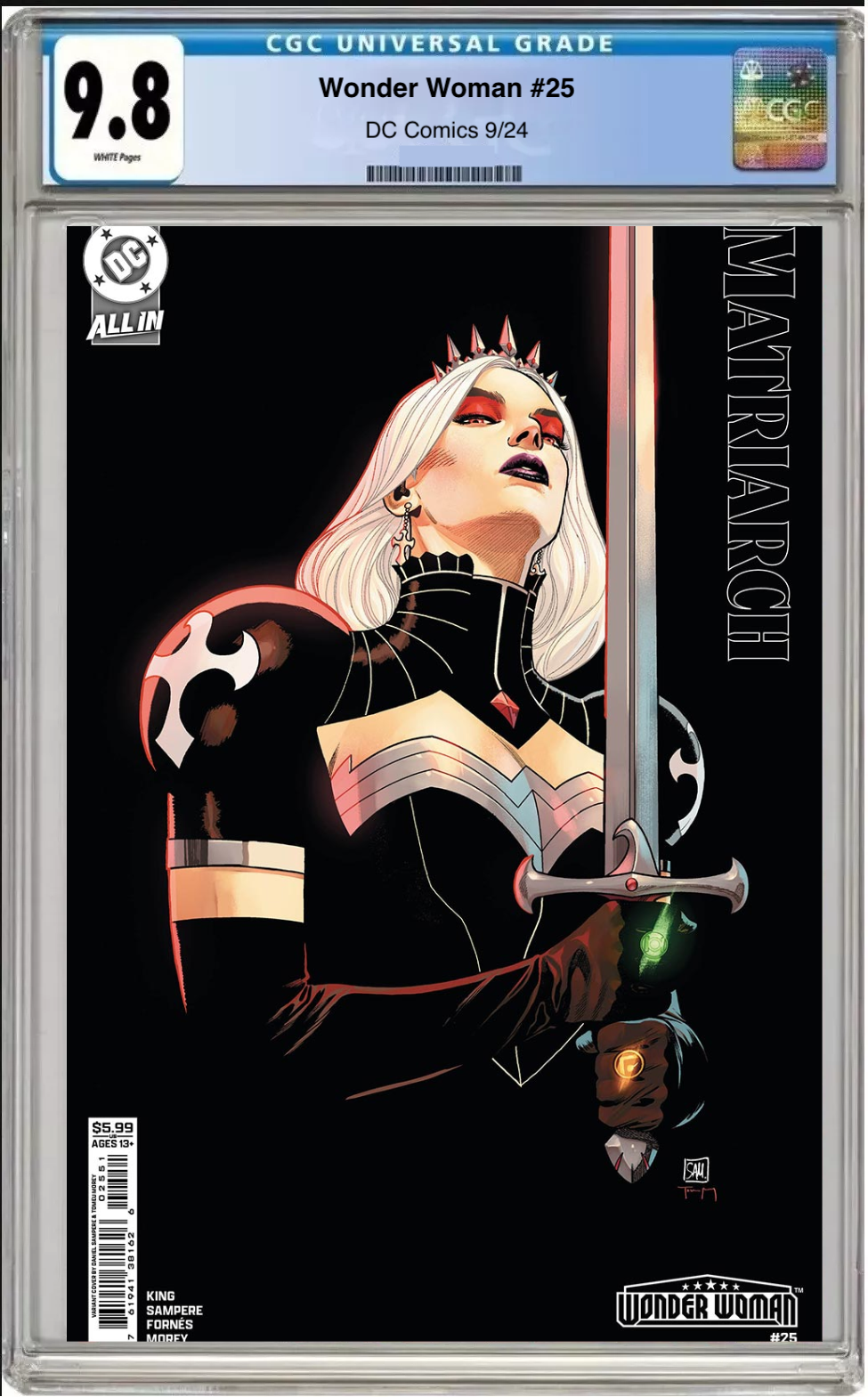 Comic book cover of Wonder Woman #25 Daniel Samere Card Stock Cover D with CGC grading label.