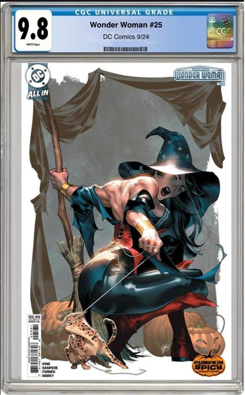 Comic book cover of Wonder Woman #25 Yasmine Putri Pumpkin Spicy Cover E with CGC grading label.