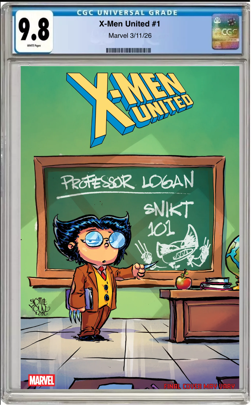 Comic book cover of X-Men: United #1 Skottie Young Cover with CGC grading label.