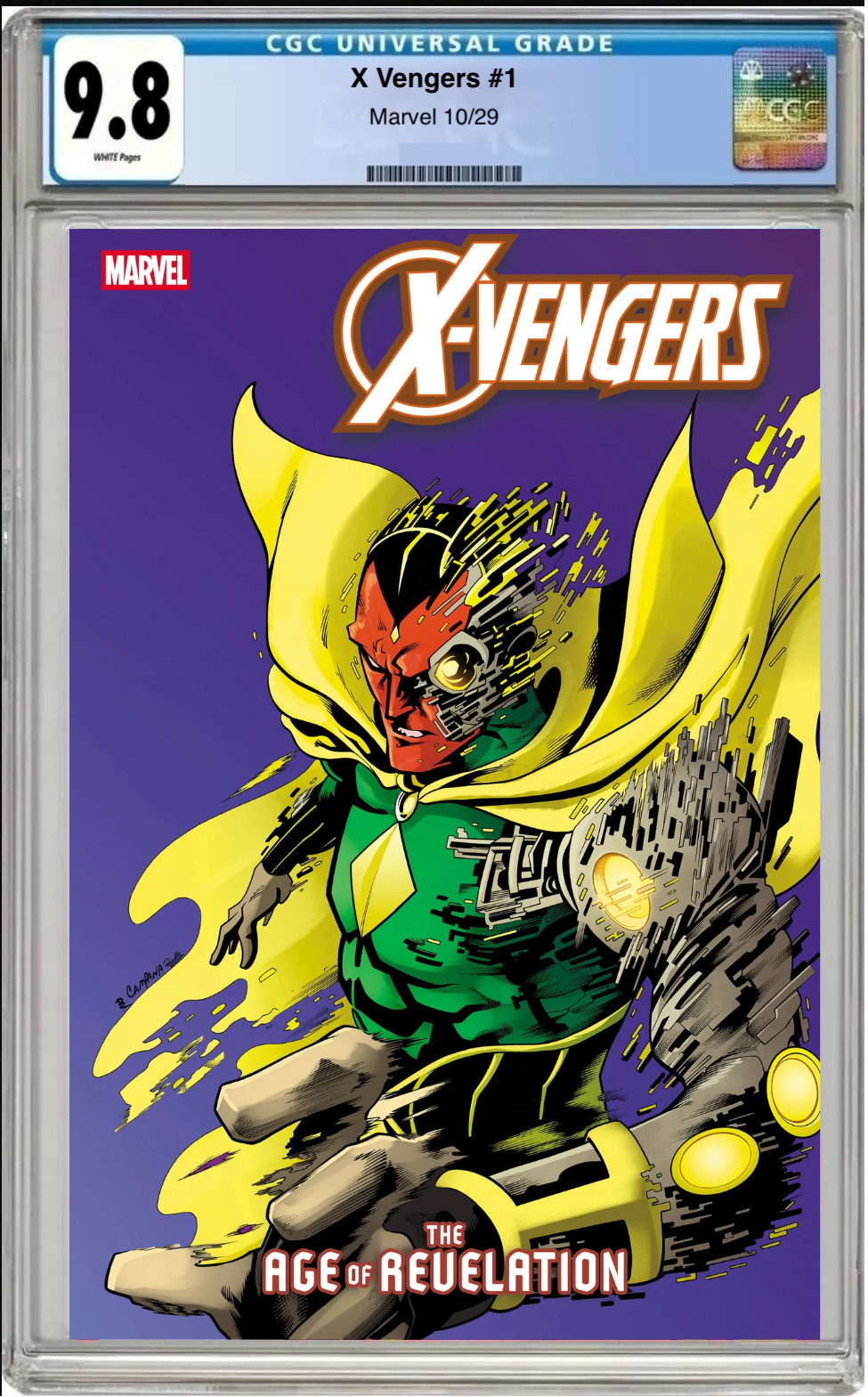 Comic book cover of X-Vengers #1 Chris Campana Vision Cover with CGC 9.8 grading label.