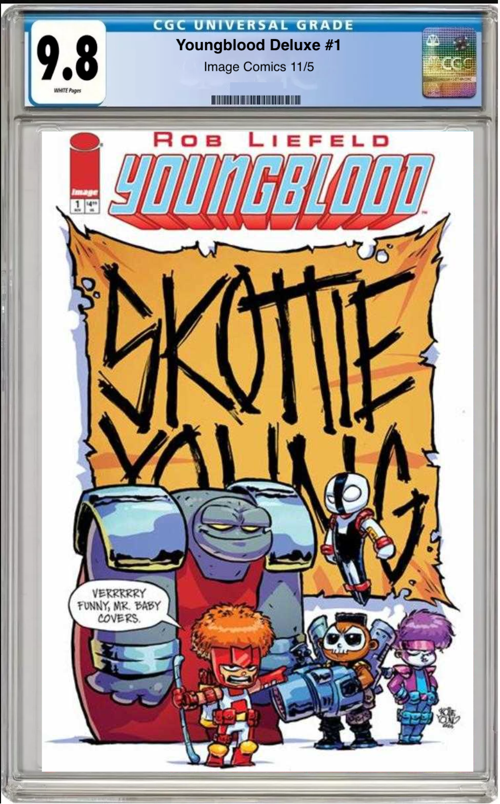 Comic book cover of Youngblood #1 Skottie Young Cover with CGC 9.8 grading label.