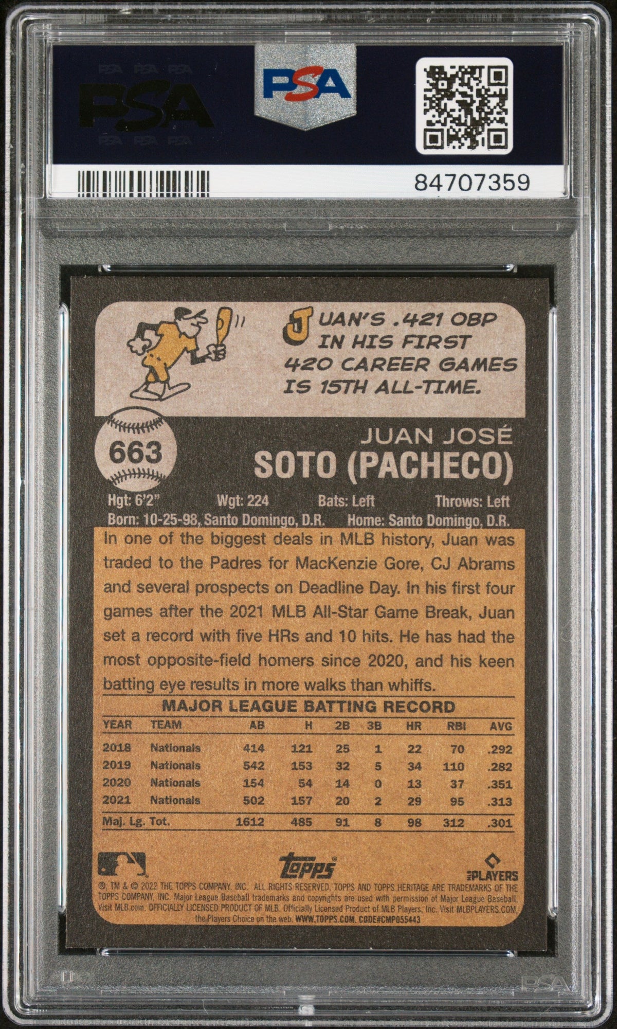 2022 TOPPS HERITAGE JUAN SOTO  #663 - PSA 10